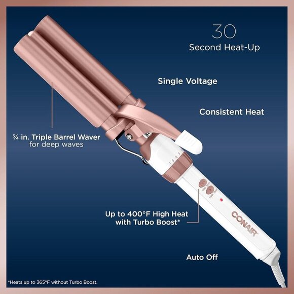Conair Double Ceramic 3 Barrel Curling Iron Hair Waver White / Rose Gold - Picture 6 of 11
